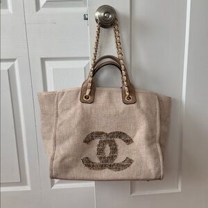 Inspired Beige Tote Bag with Chain Handles